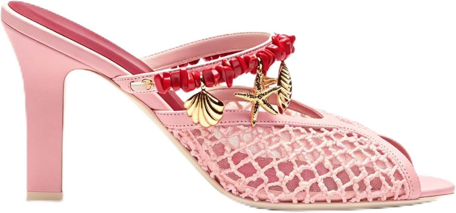 Beaded Peep Toe Block Heel Sandals for Women Mesh Shell Slip On Chunky Mules Summer Cute Beach Sl... | Amazon (US)