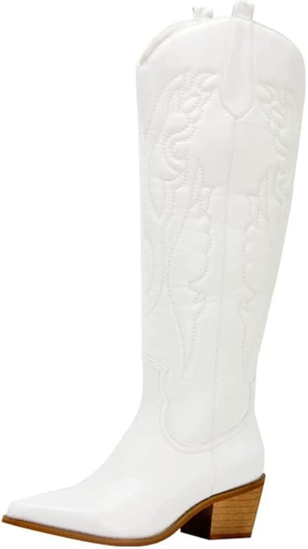 Western Boots for Women Embroidered Chunky Heeled Pointed Toe Pull on Cowgirl Cowboy Party Knee High | Amazon (US)
