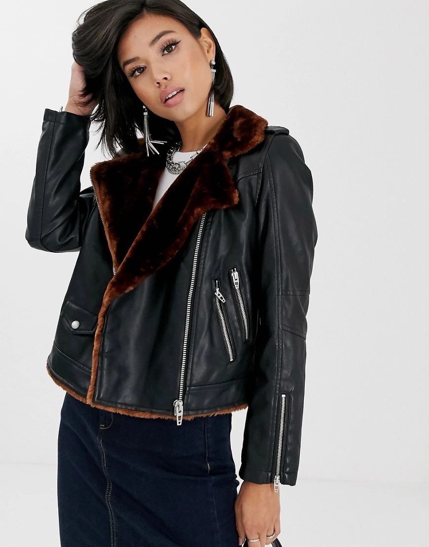 Blank NYC faux fur lined biker jacket-Black | ASOS (Global)