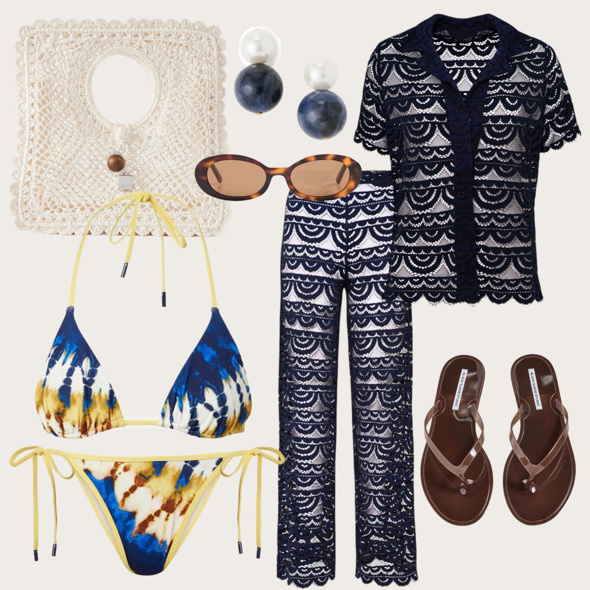 Beach club ready in the prettiest coastal chic set 🌊✨ Loving this navy lace cover-up set from PQ Swim layered over my Alemais tie-dye string bikini — the perfect mix of effortless and elevated. Styled with my Jacquemus crochet beach bag, tortoise sunglasses, and statement Shashi pearl drop earrings for that luxe vacation vibe. Finished with classic brown leather flip flops for an easy, chic summer look.

Perfect for beach vacations, resort wear, poolside lounging, or a European summer outfit 🇫🇷☀️#LTKStyleTip #ResortWear #BeachOutfit #VacationStyle #SummerOutfits #CoastalStyle #PoolsideChic #EuroSummer #SwimwearStyle #CoverUpStyle #DesignerSwim #BeachClubStyle #LuxuryStyle #NeutralStyle #SummerFashion #VacationOutfits 

#LTKSwim #LTKSeasonal #LTKTravel