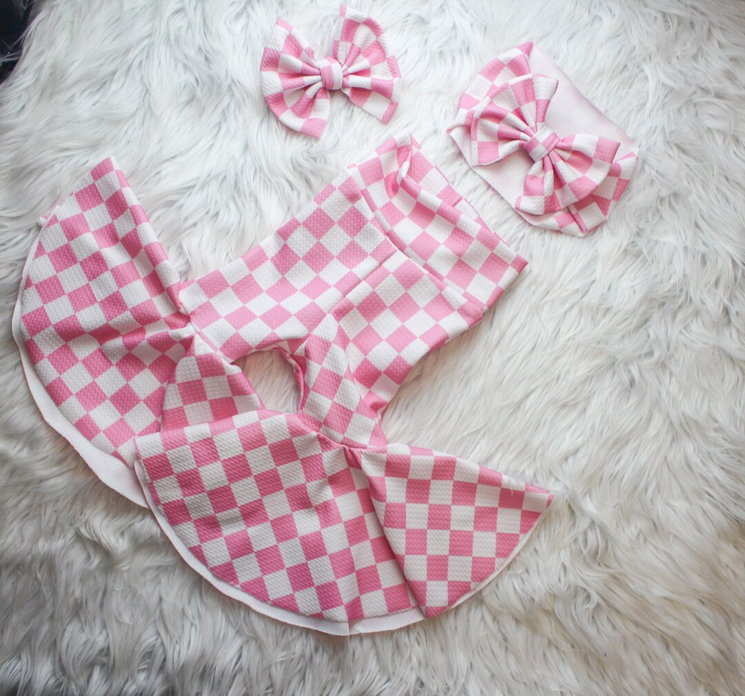 Pink and White Plaid , Bubblegum Pink Gingham Bow or Headband, Checker Print Skirted Bummy, Doll ... | Etsy (US)