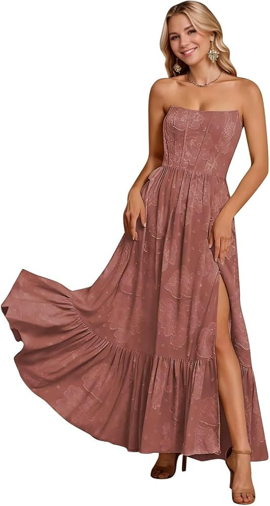 Monlity Jacquard Cocktail Dresses Midi Strapless Front Slit Prom Dress A Line Formal Evening Gown... | Amazon (US)