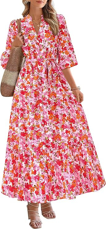 MASCOMODA Womens Floral Maxi Dresses Boho Summer Casual V Neck 3/4 Puff Sleeve Button Down Tie Wa... | Amazon (US)