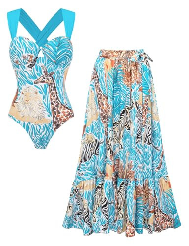 FLAXMAKER One Piece Swimsuit Women Criss Cross Adjustable Color Block Bathing Suit Animal Print Swimsuit and Skirt (US, Alpha, Small, Regular, Regular, Blue Swimsuit and Skirt) | Amazon (US)