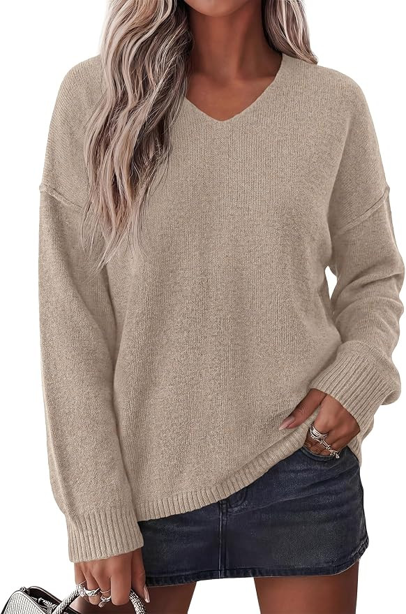 BTFBM Women's Loose Knitted Casual Sweaters | V Neck Pullover Tops, Oversized Long Sleeve Sweater... | Amazon (US)