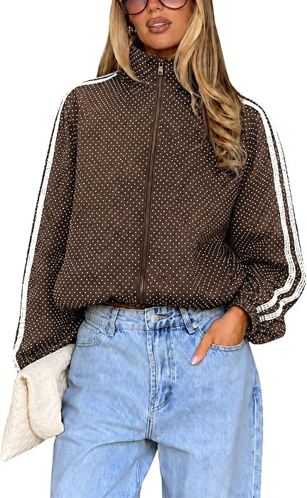 Womens Polka Dot Zip Up Jacket Lace Trim Casual Cropped Outwear | Amazon (US)