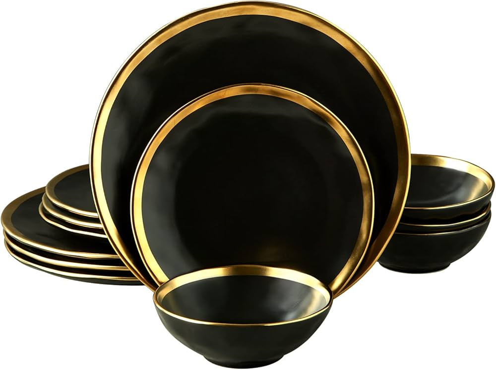 Matte Black Plates and Bowls Sets, 12 Piece Dinnerware Sets Service for 4, Dishes, Round Dinner P... | Amazon (US)