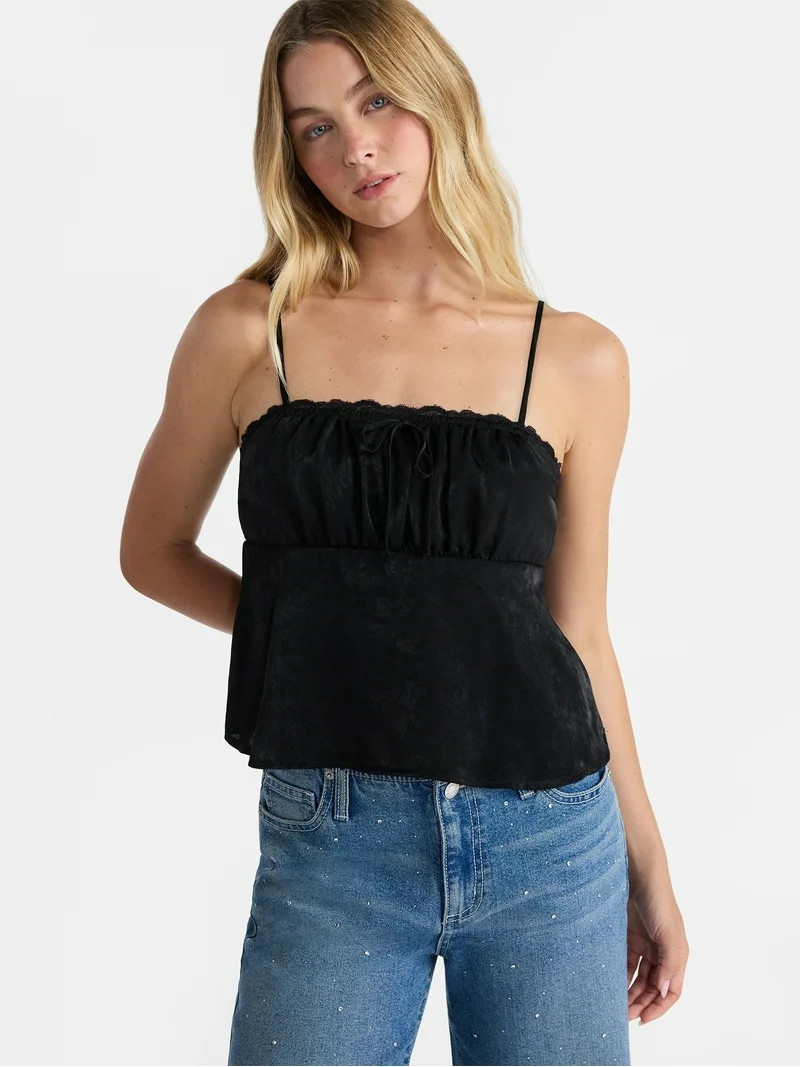 No Boundaries Satin Cami with Lace Trim and Tie, Women's | Walmart (US)