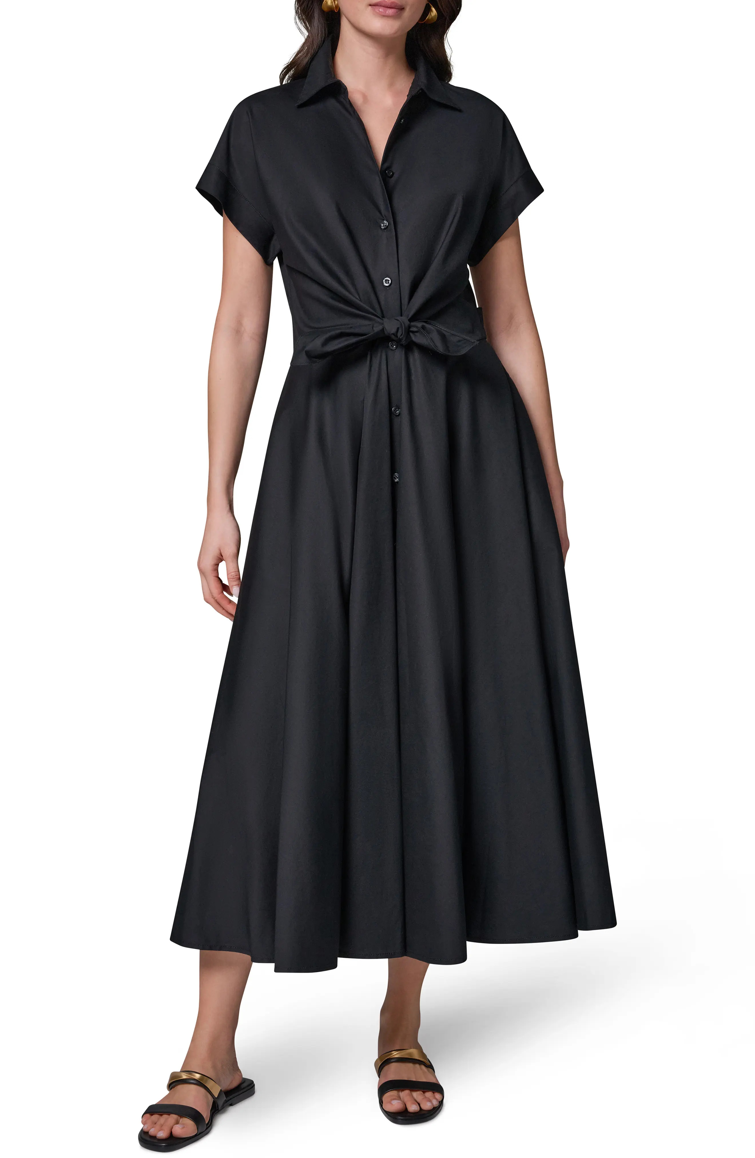 Donna Karan New York Tie Waist Short Sleeve Stretch Cotton Midi Shirtdress (Women) | Nordstrom | Nordstrom