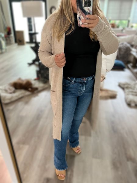 Everyday Fall outfit with skyscraper jeans and black long sleeve shirt from Express, nude sandals and comfy cardigan form Amazon.

#LTKstyletip #LTKSeasonal #LTKcurves