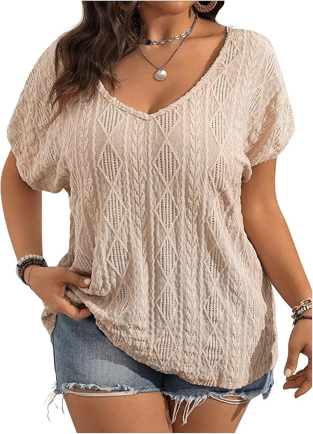 OYOANGLE Women's Plus Size Short Sleeve Blouse Boho Crochet Lace V Neck Summer Tee Tops | Amazon (US)