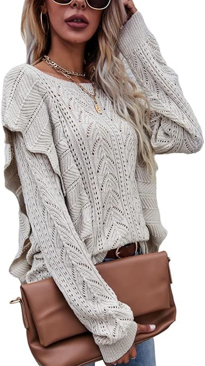 Women Crew Neck Sweater Long Sleeve Ruffle Knit Pullover Crochet Lightweight Jumper Tops | Amazon (US)