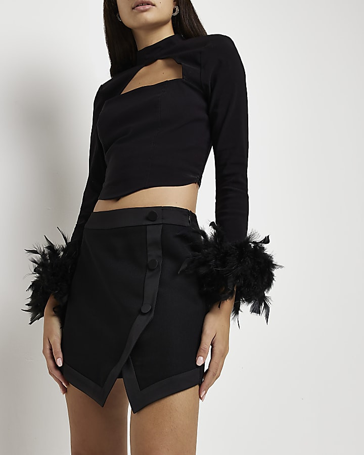Black satin detail asymmetric skort | River Island (UK & IE)