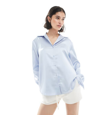 Miss Selfridge oversized button down satin shirt in ice blue | ASOS (Global)