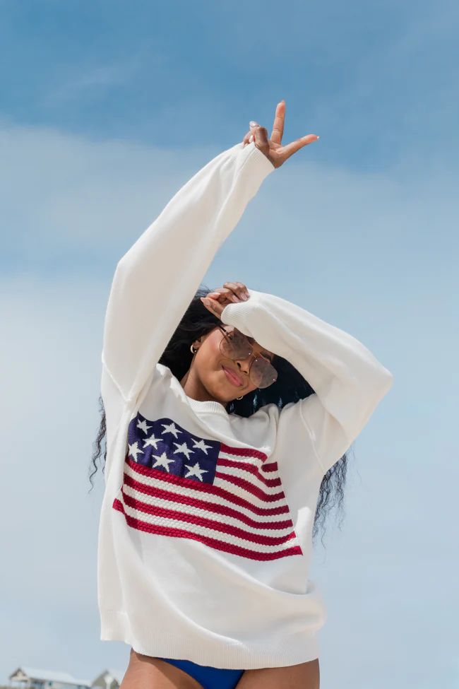 Home Of The Free Ivory Textured Flag Sweater | Pink Lily