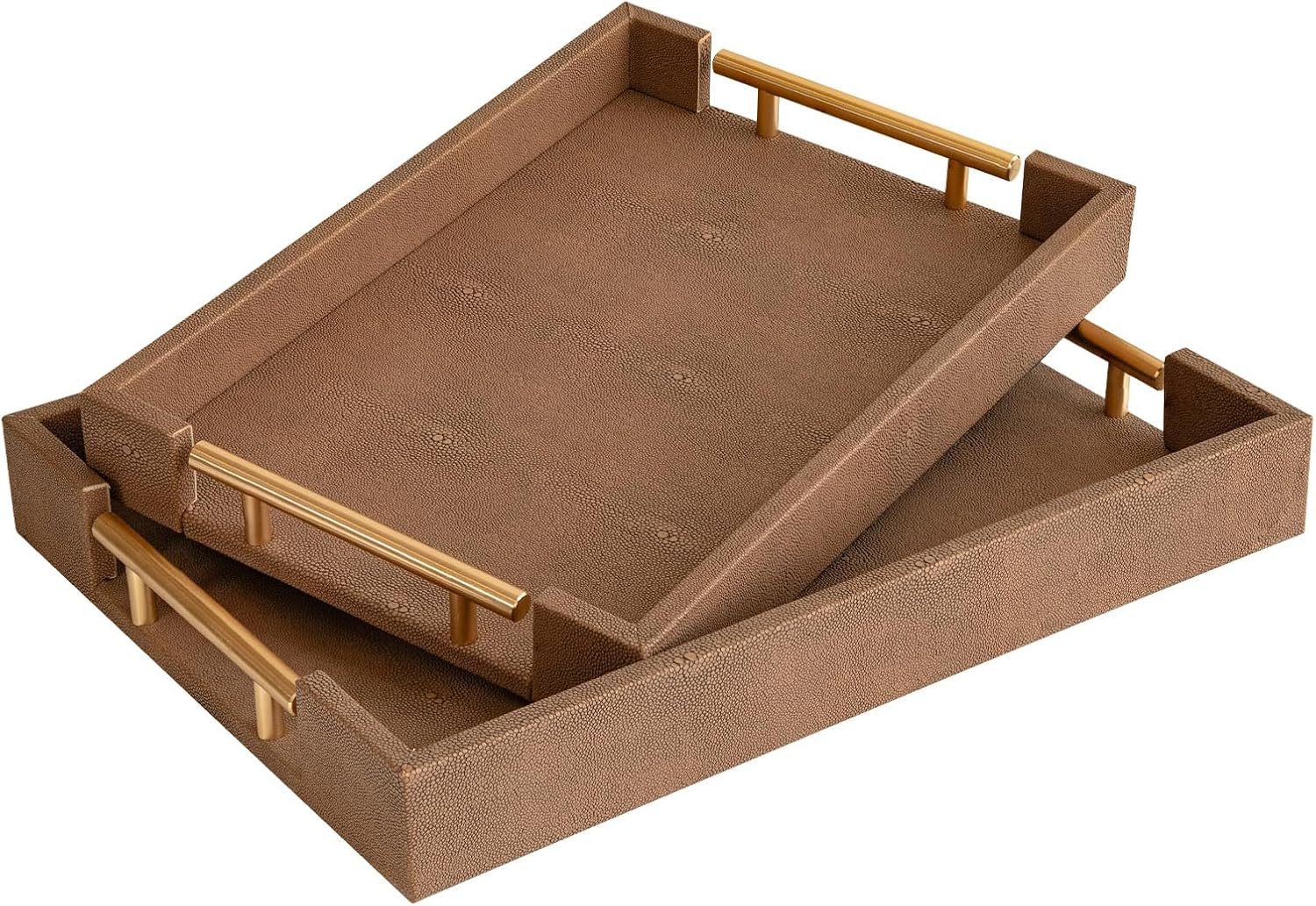 Set of 2 Decorative Tray Brown Shagreen Leather Tray, Modern Rectangle Serving Trays with Gold Polished Metal Handles, Ottoman Coffee Table Perfume Kitchen Trays Home Decor | Amazon (US)