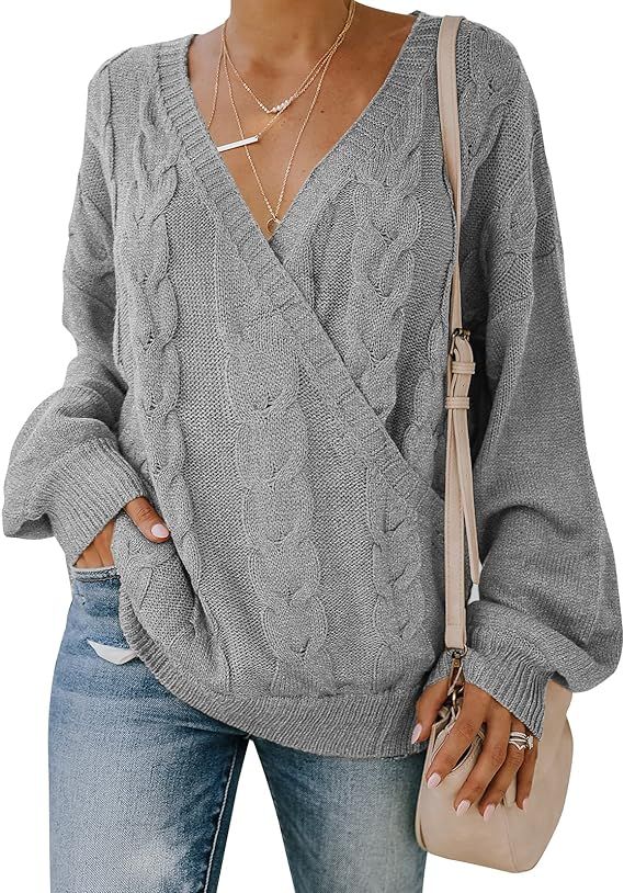 PRETTYGARDEN Women's Casual Long Sleeve Deep V Neck Wrap Pullover Sweater Cable Knit Jumper Tops | Amazon (US)