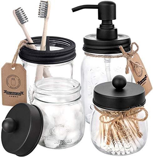 Mason Jar Bathroom Accessories Set 4 - Mason Jar Soap Dispenser & 2 Apothecary Jars & Toothbrush ... | Amazon (US)