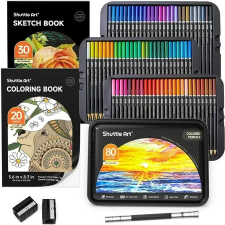 80 Colored Pencils, Shuttle Art Soft Core Coloring Pencils with Coloring Book, Sketch Pad and Sharpener, Premium Color Pencils for Adult Coloring, Sketching and Drawing | Walmart (US)