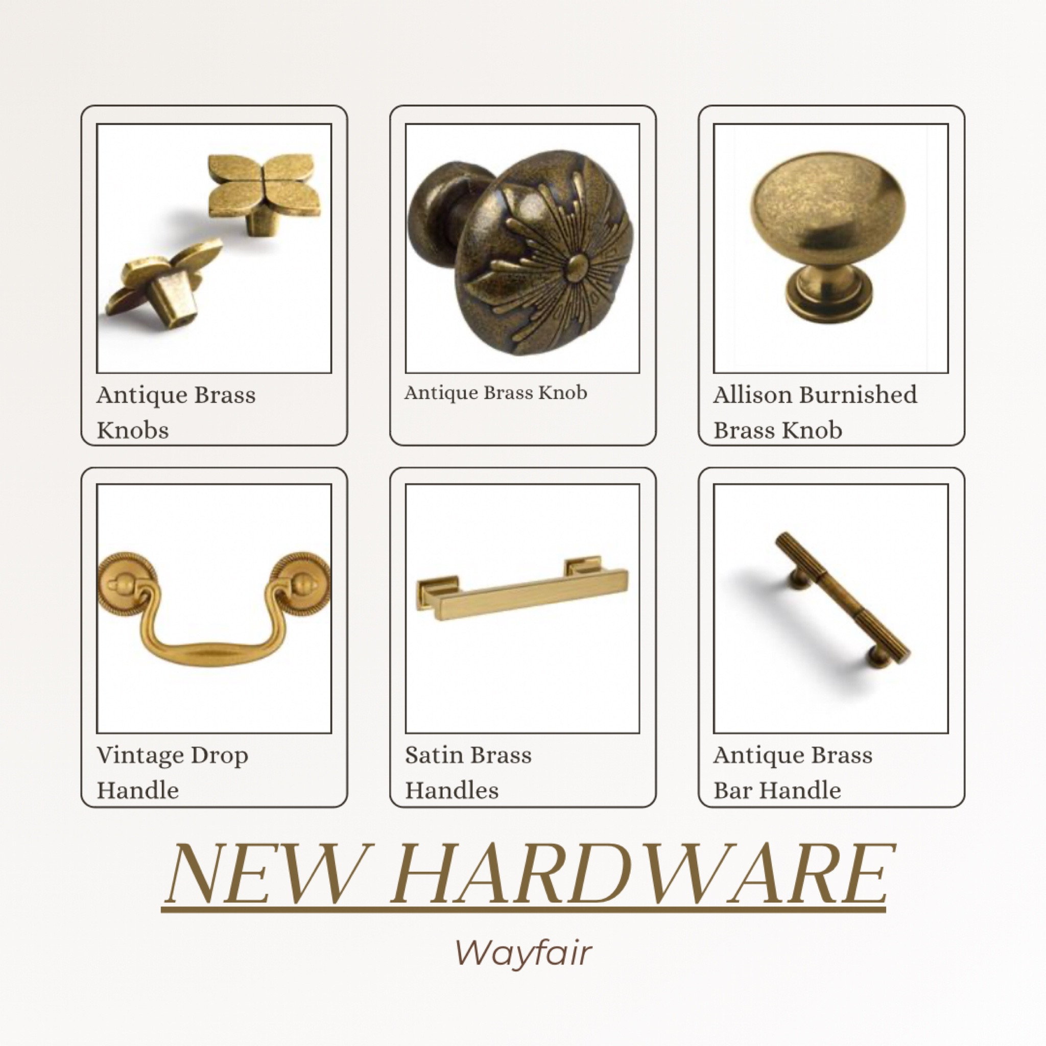 Discover timeless elegance with Wayfair's new hardware collection, featuring a mix of antique and contemporary brass designs. The Antique Brass Knobs and Burnished Brass Knob offer vintage-inspired details, perfect for adding character to any piece. The classic Vintage Drop Handle adds a traditional touch, while the sleek Satin Brass Handles and Antique Brass Bar Handle bring modern sophistication. Each piece is designed to elevate your cabinetry or furniture, blending function with beautiful craftsmanship.

#LTKHome