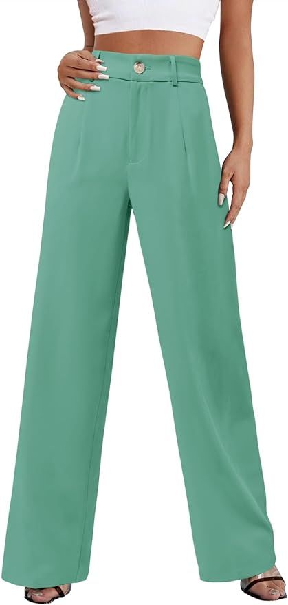 onlypuff Womens Slacks High Waisted Pants Wide Leg Straight Long Work Business Trousers with Pock... | Amazon (US)