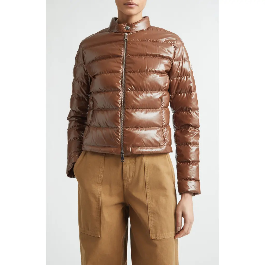 Moncler Papillon Crop Lacquered Nylon Puffer Jacket in Brown at Nordstrom, Size 4 | Nordstrom