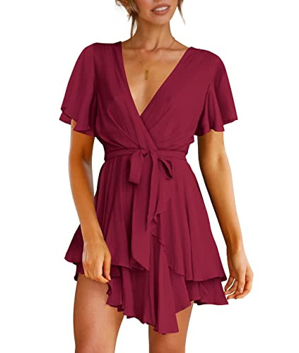 Cosonsen Women's Dress Deep V-Neck Long Sleeve Waist Tie Ruffle Mini Swing Skater Dresses | Amazon (US)