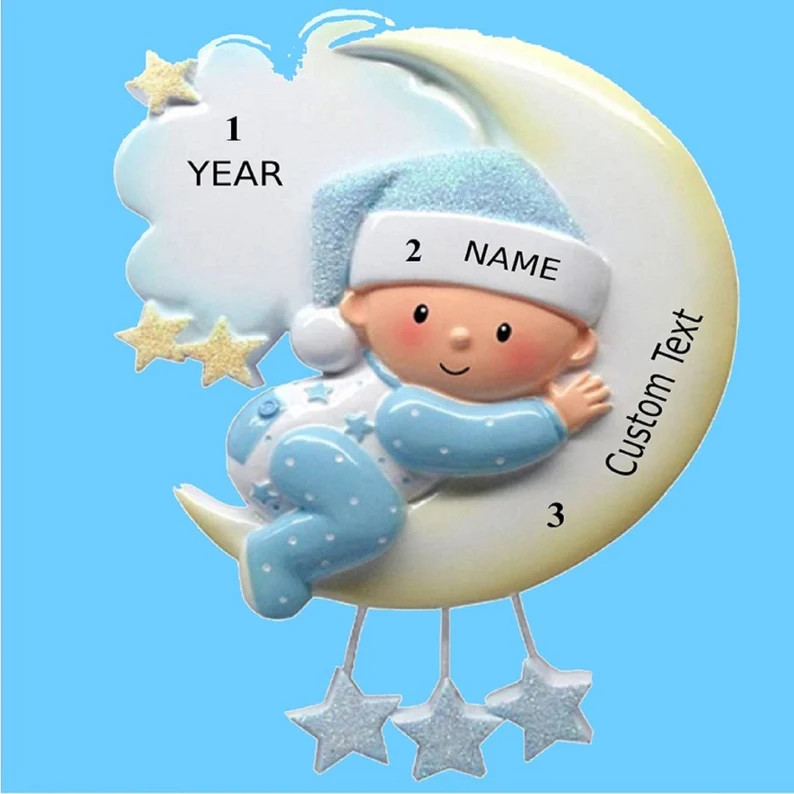 Personalized Babys First Christmas Tree Ornament Personalized Blue Baby Boy on Moon Handwritten C... | Etsy (US)
