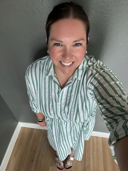 This target dress is the perfect spring throw on and go dress. I don’t personally wear much green but thought it was a cute stripe to try. I paired it with my silver Birkenstocks which are easily my most worn pair right now and some silver jewelry to finish it off. I love how the waist is super adjustable on this dress too  

#LTKfindsunder50 #LTKshoecrush #LTKmidsize