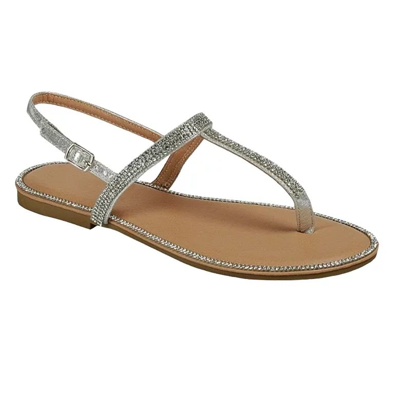 SNJ Women's T-Strap Thong Rhinestone Glitter Stretch Slingback Flat Sandal | Walmart (US)