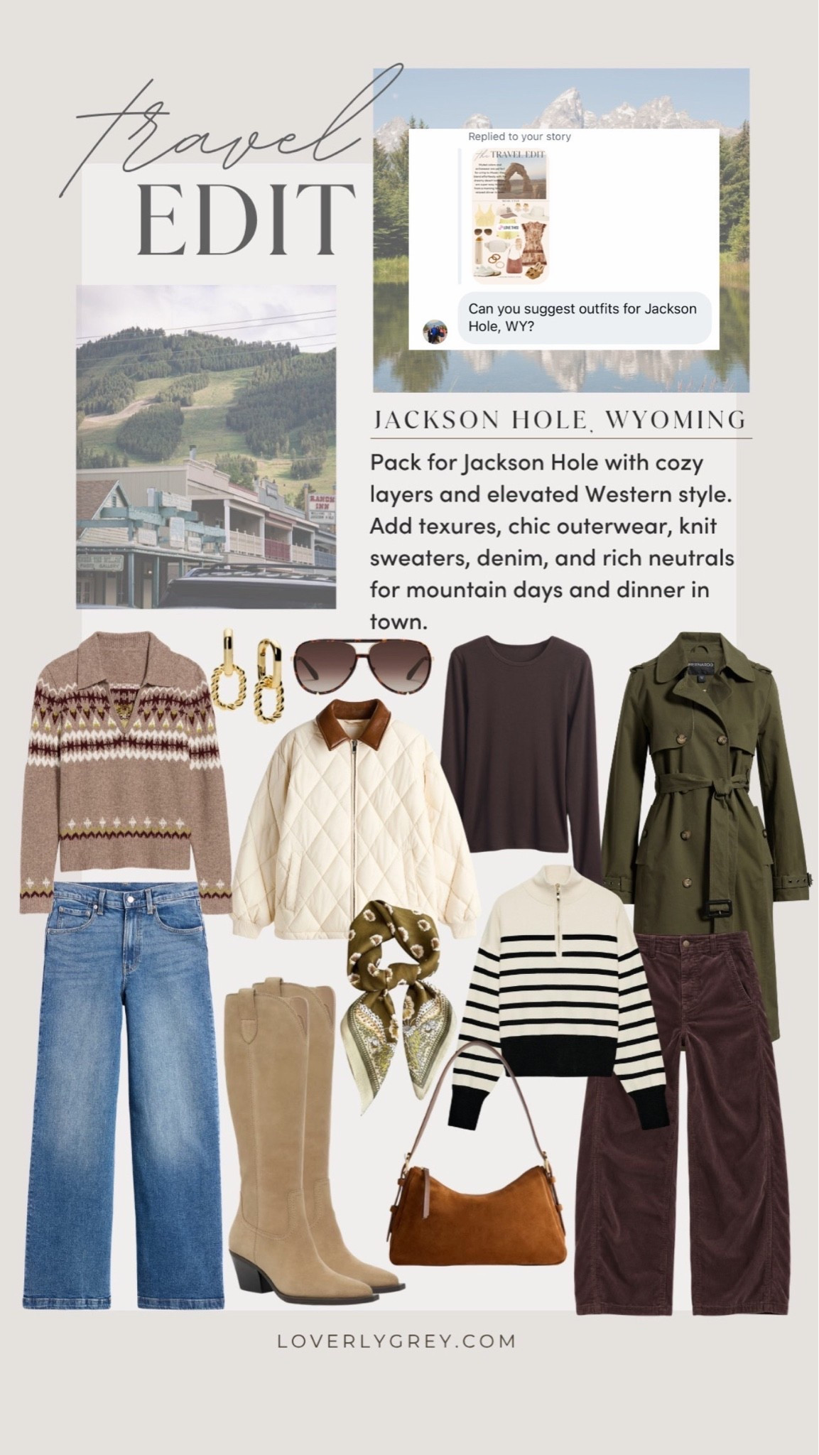 Jackson hole has stunning scenery and a perfect fall cozy vibe! These pieces will keep you stylish and appropriate for the weather at the same time! 

Loverly grey, jackson hole Wyoming outfits, fall trip vacation outfit inspo, fall fashion ideas, affordable women’s clothes for fall, capsule wardrobe, travel edit