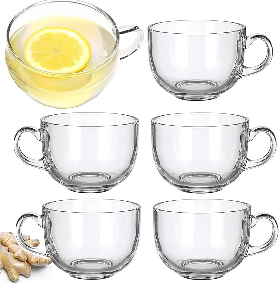 Set of 6 Large 16oz Glass Wide Mouth Coffee Mug Tea Cup With Handle - Dishwasher & Microwave Safe | Amazon (US)