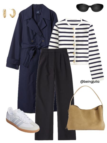 Spring outfit inspiration! Details below:
-Long navy blue trench coat from the Gap. 
-Navy and white striped cardigan from Abercrombie. 
-High rise black tailored wide leg trousers from Abercrombie. 
-Adidas samba sneakers. 
-Arket tan suede tote bag. 
-Celine Triomphe sunglasses. 
-Mejuri gold dome hoop earrings. 


#LTKfindsunder100 #LTKSeasonal #LTKstyletip