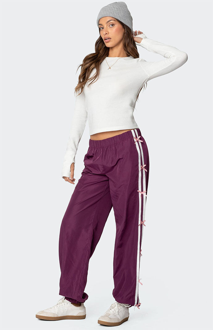 Edikted Women's Bow Stripe Nylon Track Pants in Purple - Size XS | PacSun