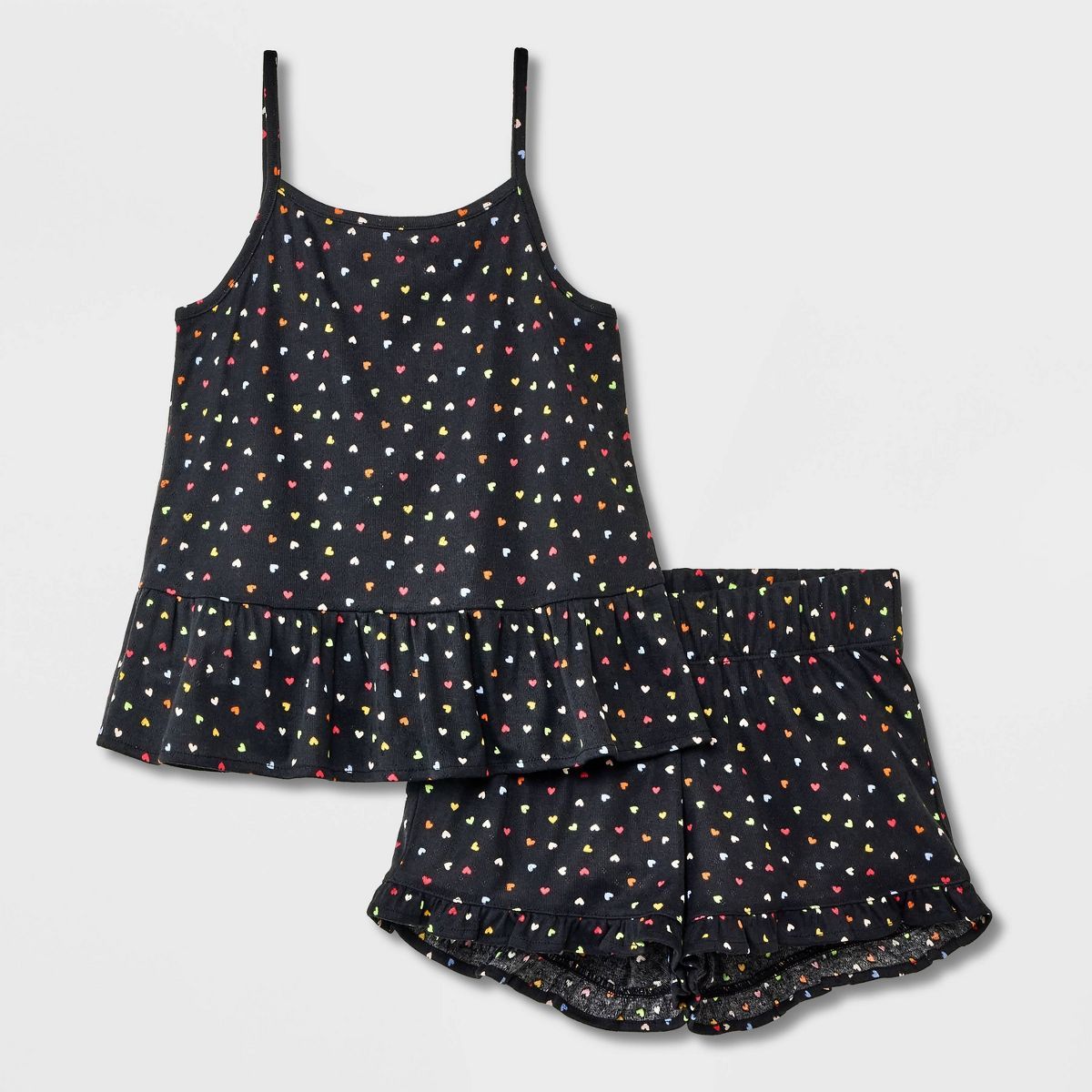Girls' 2pc 'Ditsy Rainbow Hearts' Pointelle Ruffle Tank Pajama Set - art class™ Black M | Target