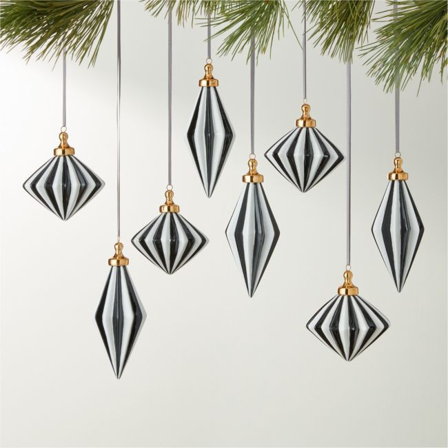 Bordeaux Hand-Painted Black and White Glass Christmas Tree Ornaments Set of 8 | CB2