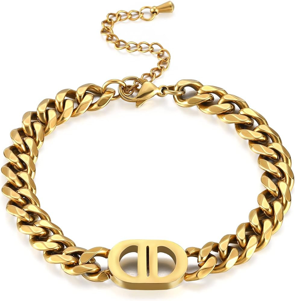 Vivflavor Cuban Link Bracelet for Women, 18K Real Gold Plated Stainless Steel Letter Bracelets In... | Amazon (US)