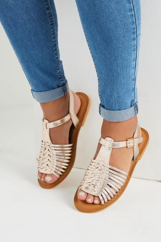 Yours Gold Leather Woven Fisherman Sandals In Extra Wide EEE Fit | Long Tall Sally
