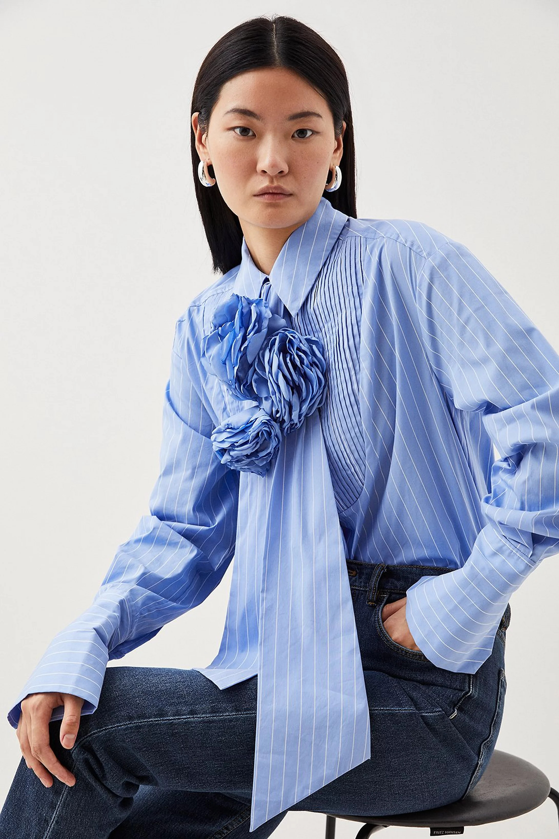 Striped Cotton Woven Shirt With Rosette | Karen Millen US