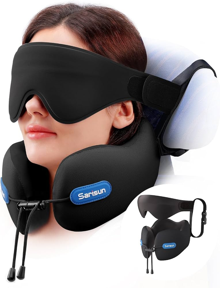 SARISUN Neck Pillow Airplane,Travel Pillow with Strap,Combo 3D Eye Mask for Sleep,Dual-Density Su... | Amazon (US)