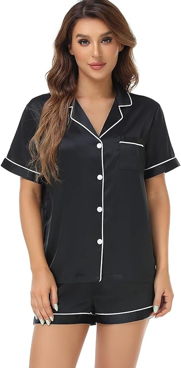 Serenedelicacy Women's Satin Pajama Set 2-Piece Sleepwear Loungewear Button Down Short Sleeve Sil... | Amazon (US)