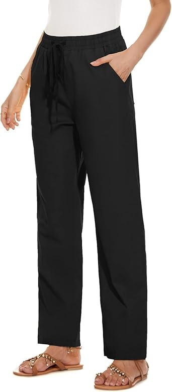 YOCUR Womens Casual Elastic High Waisted Work Pants Cotton Straight Leg Drawstring Trousers | Amazon (US)