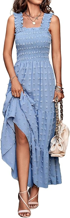 MASCOMODA Womens Boho Sleeveless Smocked Maxi Dress Solid Shoulder Strap Swiss Dot Tank A-Line Sw... | Amazon (US)
