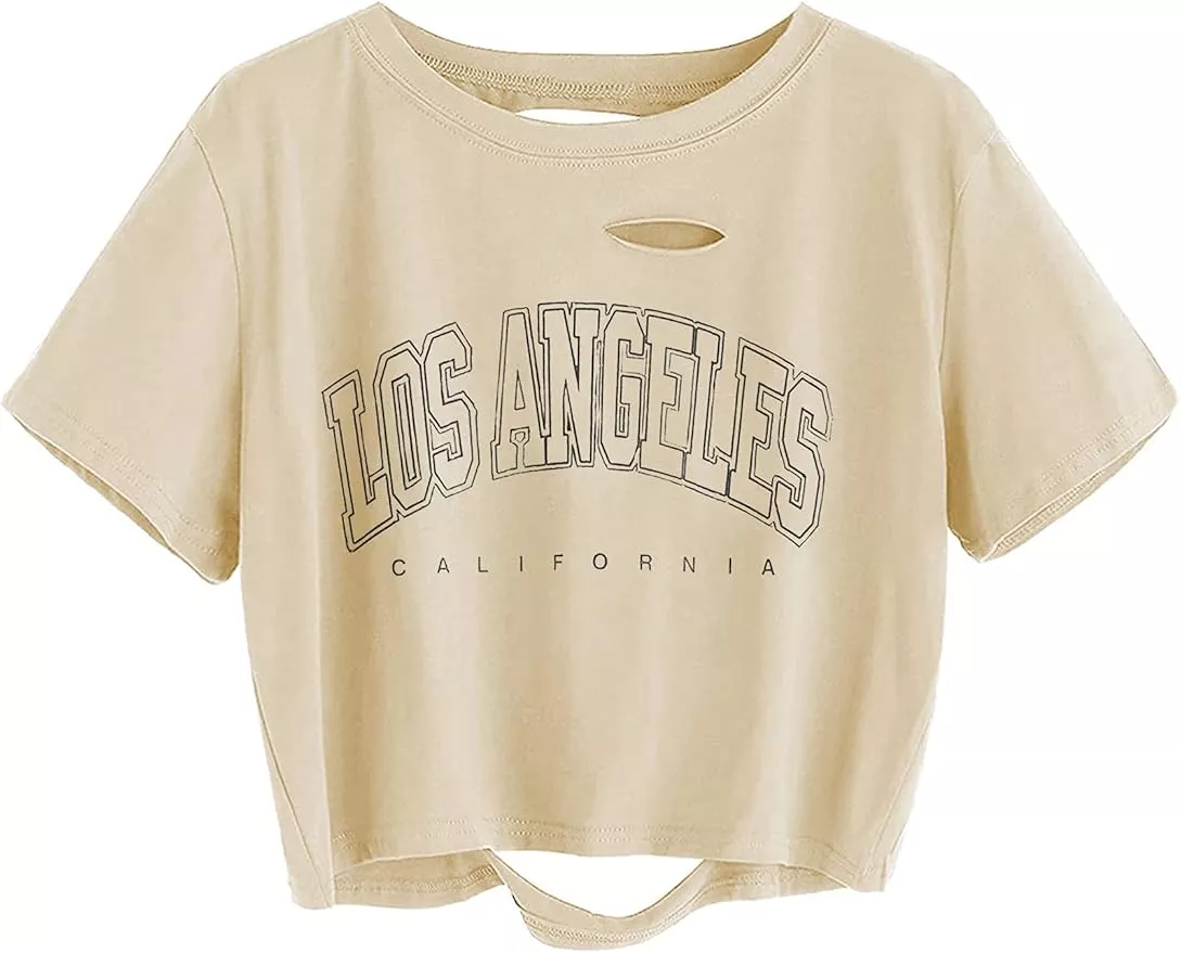  Tankaneo Womens Los Angeles California Letter Print Cropped T  Shirt Half Sleeve Crop Tees Round Neck Summer Crop Tops : Clothing, Shoes &  Jewelry