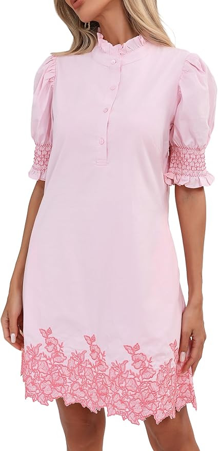 Women's Summer Embroidered Mini Dress Short Puff Sleeve Ruffle Collar Button Front Shift Dress | Amazon (US)