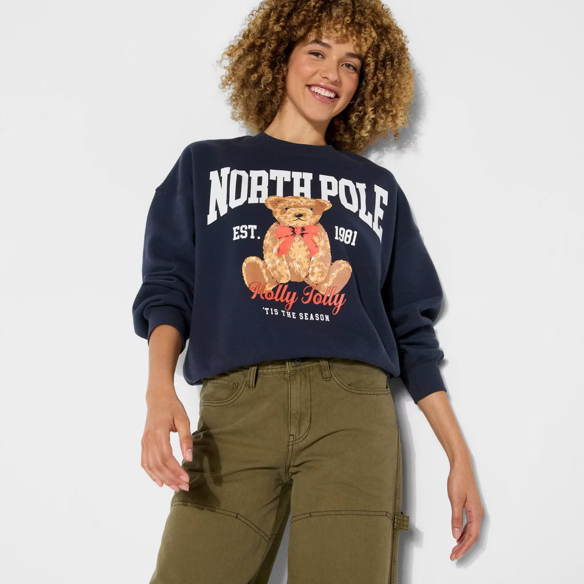 Women's North Pole Teddy Bear Graphic Sweatshirt - Navy Blue L | Target