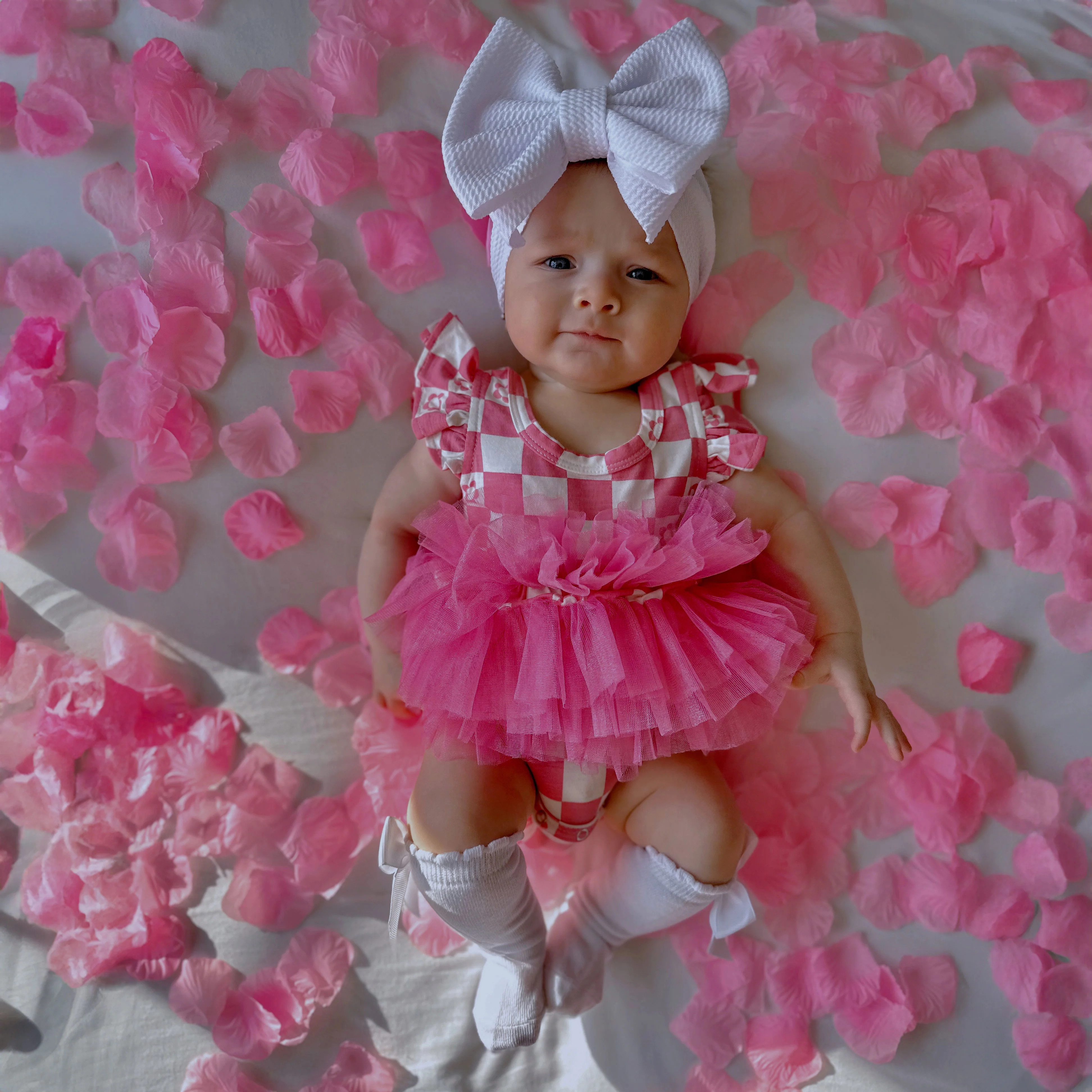 Ruffle Sleeve Tutu Bodysuit, Pink Flower Checkerboard | SpearmintLOVE