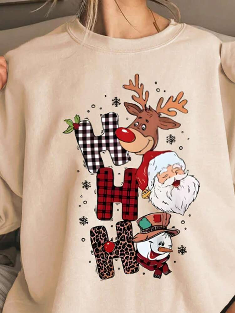 EMERY ROSE Christmas Cute Snowman & Reindeer Pattern Round Neck Long Sleeve Fashionable Plus Size Sweatshirt | SHEIN
