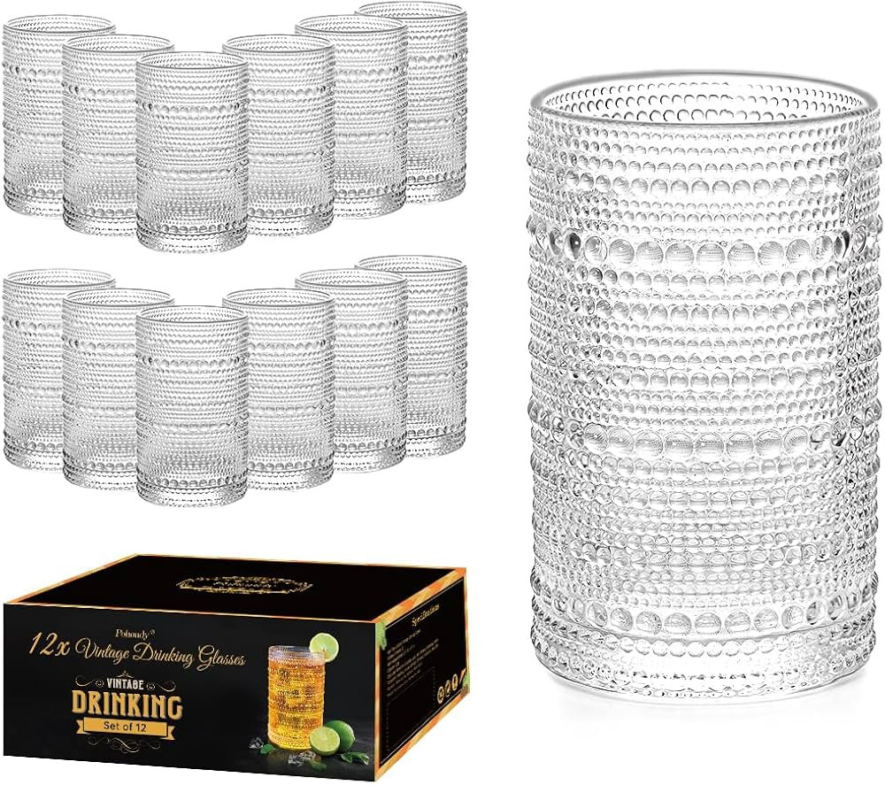 Hobnail Drinking Glasses Set of 12, 13oz Vintage Beaded Water Cups, Clear Retro Highball Glasses,... | Amazon (US)