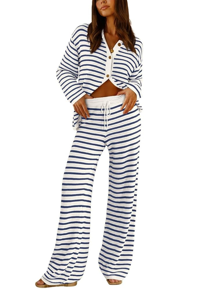 AGSEEM Womens Knit 2 Piece Lounge Sets Striped Long Sleeve Button Lapel Sweaters and Wide Leg Pan... | Amazon (US)
